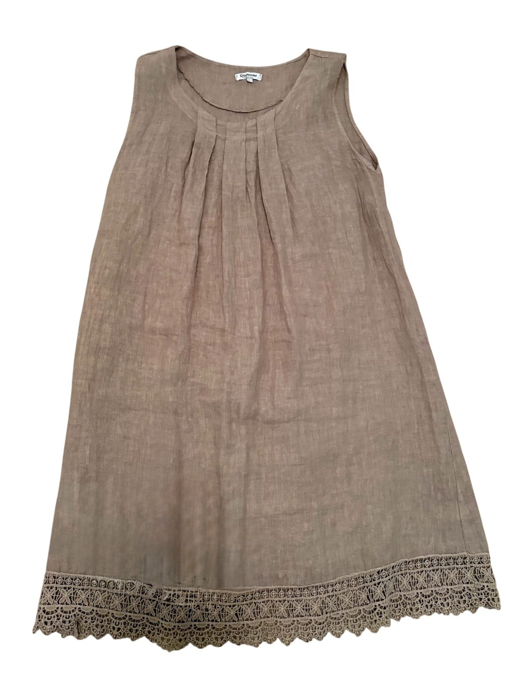 women’s Beige Linen A-Line Dress with Crochet He